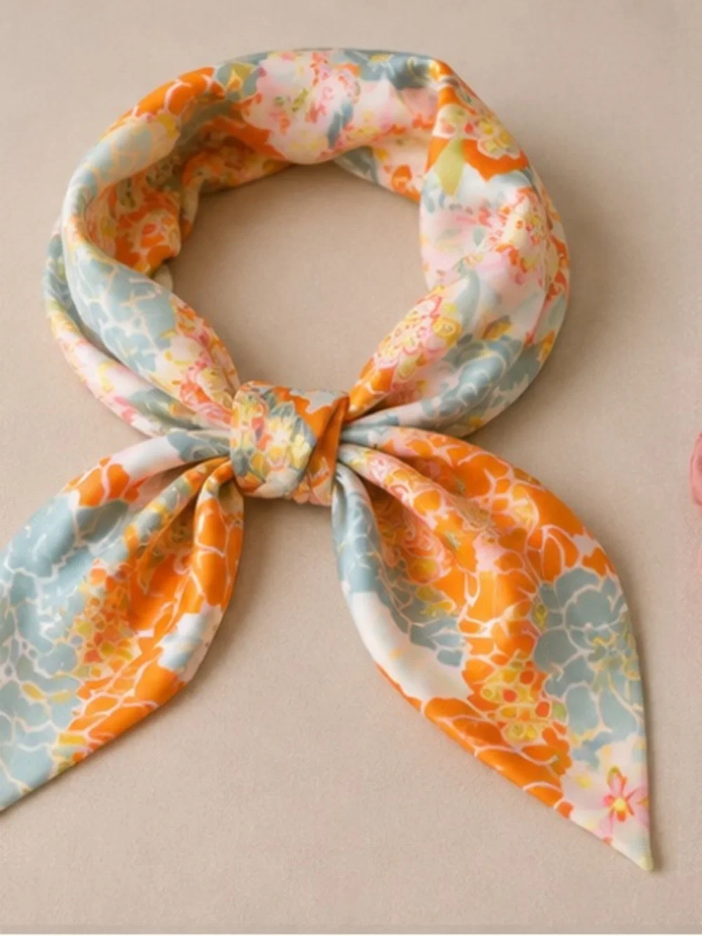 Pair of 2 Orange Floral 100% Silk Twilly Scarves for Handbags NWOT